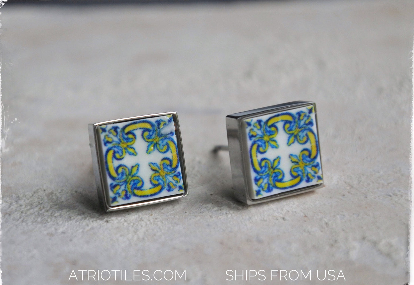 Stud Earrings Portugal Tile Azulejos Portuguese 1560 Santa Maria da Feira SOLID Stainless Steel Gift Box Included Ships from USA 642 Small