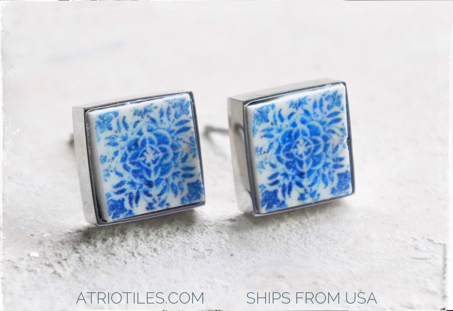 Stud Earrings Portugal Tile Atrio 16th Century Tomar Cloister Stainless Steel or Silver Convent of Christ built in 1160 Camellias 850