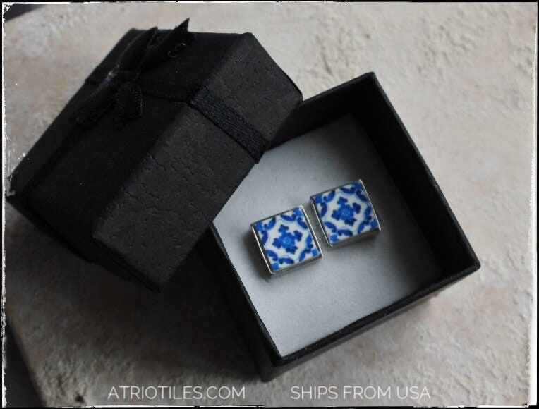STUD Earrings Portugal Tile Azulejo Tile SOLID Stainless Steel Posts Hypo allergenic OVAR, Ourivesaria Carvalho Gift Boxed 651a Small