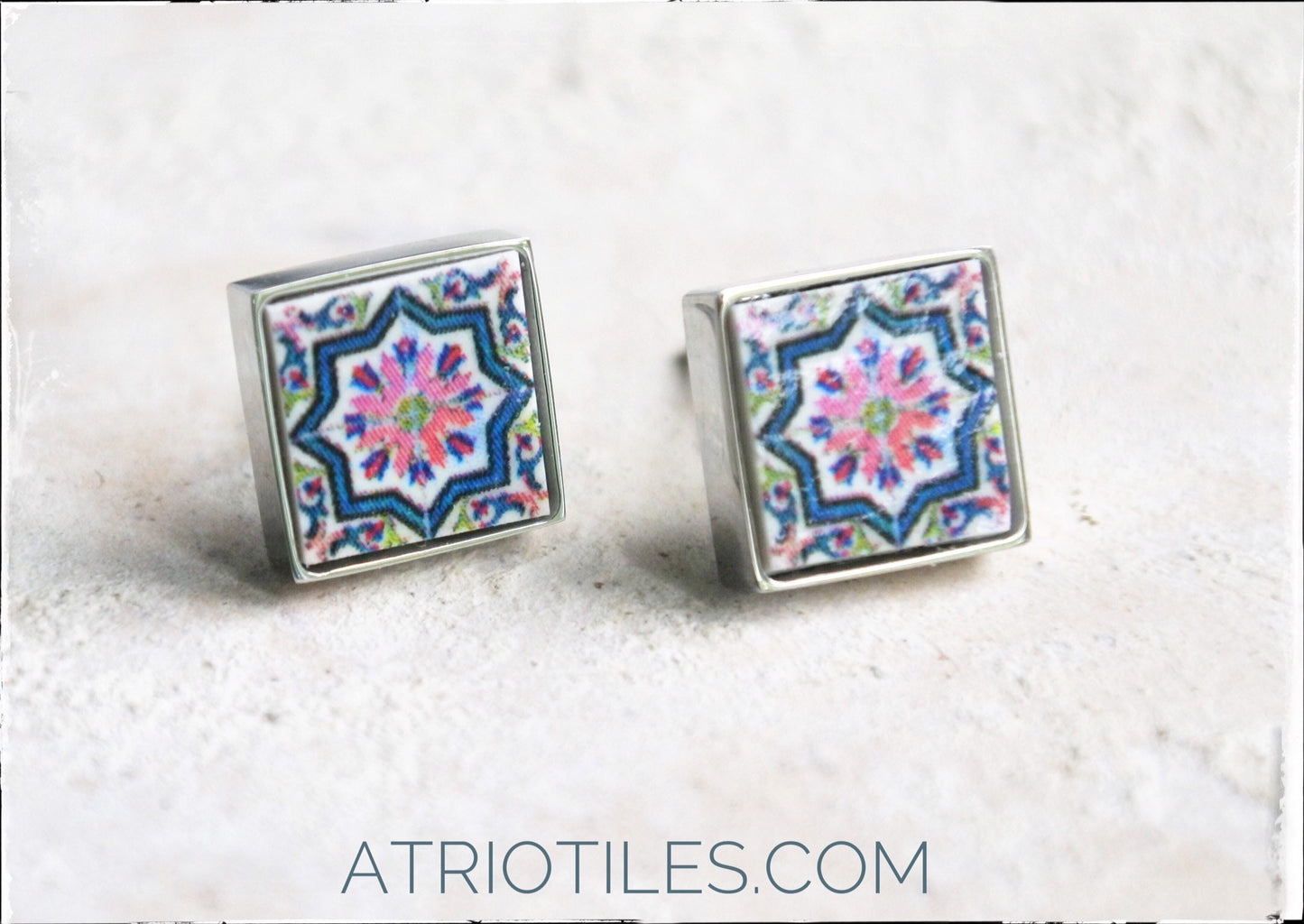 STUD Earrings Portugal Tile Azulejo Tile SOLID Stainless Steel Posts Hypo allergenic OVAR, Ourivesaria Carvalho Gift Boxed 651a Small