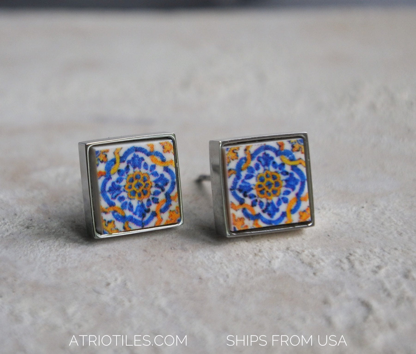 Stud Earrings Portugal Tile Ericeira Antique 17th century Azulejo Blue Gold SOLID Stainless Steel Hypo Allergenic 774 USA Shipping Small