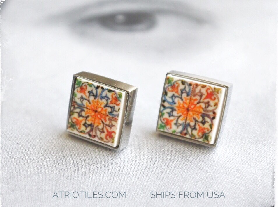 Stud Earrings Portugal Tile Antique Azulejo COIMBRA 1590, Se de Coimbra SOLID Stainless Steel Gift Box Included - Ships from USA 473 Small