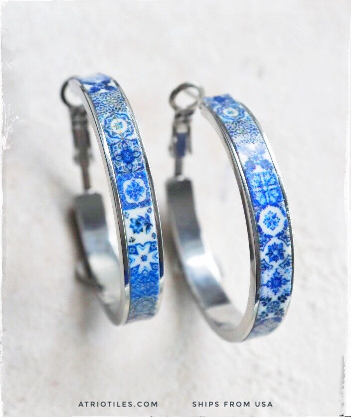 Hoops Earrings Atrio Tile Portugal Stainless Steel Antique Azulejo 1 1/4" Blue Tiles Small and Lightweight Hypoallergenic Silver Stainless