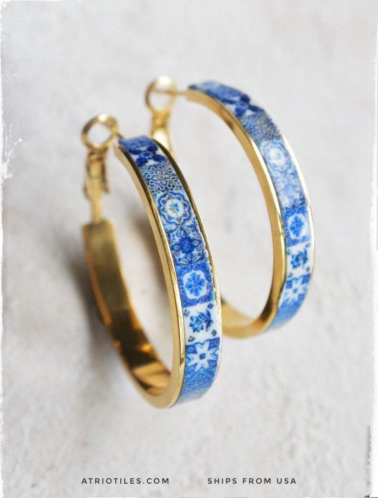 Hoops Earrings Atrio Tile Portugal Stainless Steel Antique Azulejo - 1 1/4" Blue Tiles USA Shipping Small and Lightweight Hypoallergenic