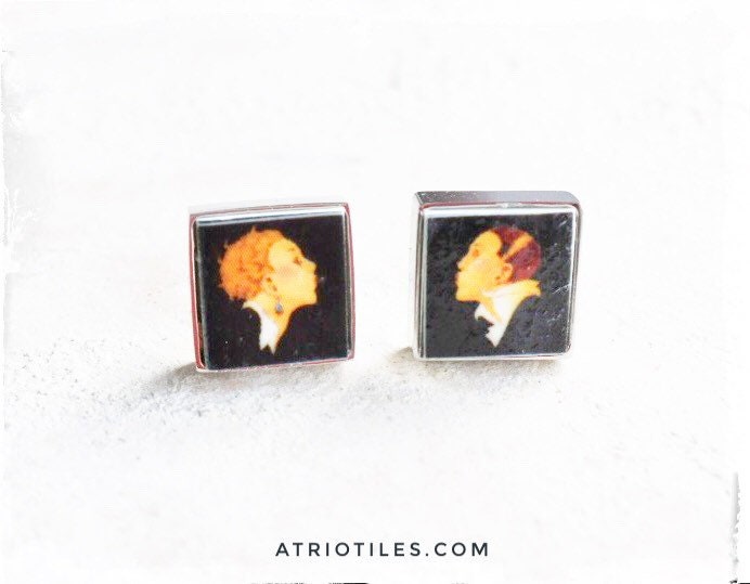 Atrio Earrings Post Stud Portugal THE KISS Cherub 1930's Ramos Pinto Art Nouveau Original vintage poster by Rene Vincent Stainless Steel