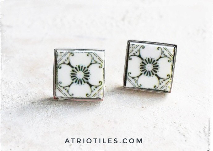 Atrio Stud Earrings Black and White Tile Azulejo Post MINIMALIST Stainless Steel Coimbra Rua de Quebra Costas -(see photo of Facade) 471