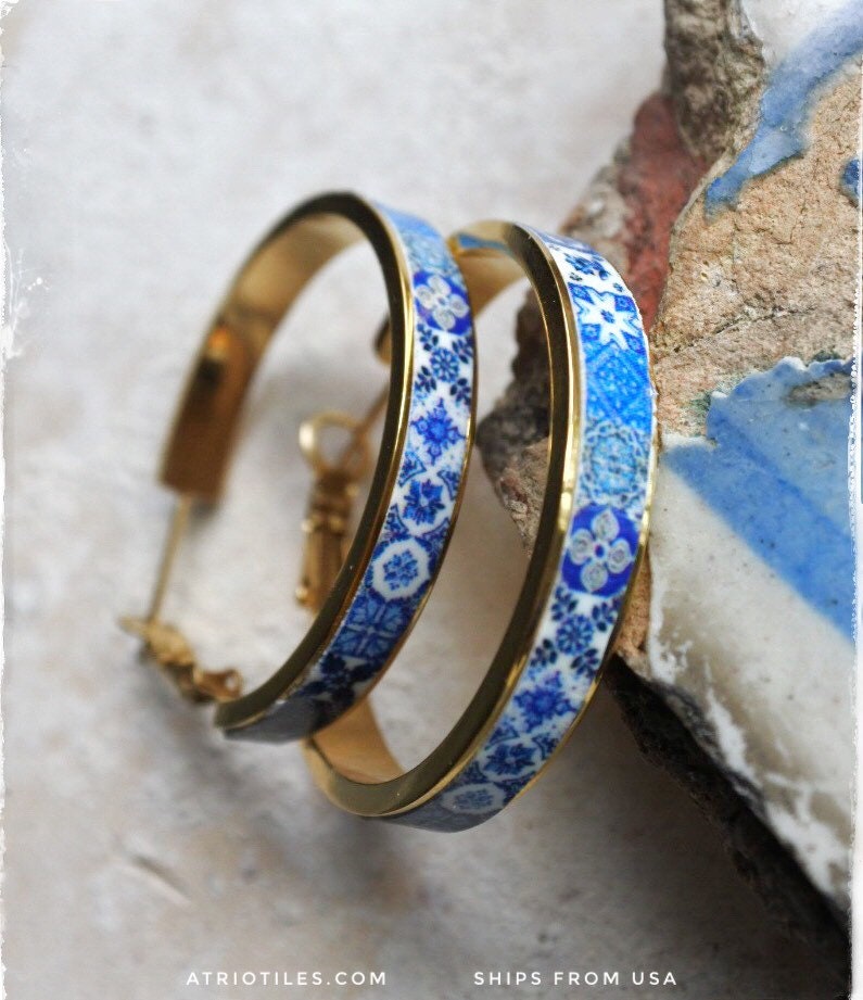 Hoops Earrings Atrio Tile Portugal Stainless Steel Antique Azulejo - 1 1/4" Blue Tiles USA Shipping Small and Lightweight Hypoallergenic