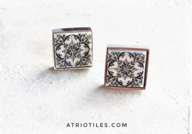 Stud Atrio Earrings Post Black White Tile Portugal MINIMALIST Azulejo Stainless Steel Church of Mercy PoRTO Ships from USA Hypoallergenic