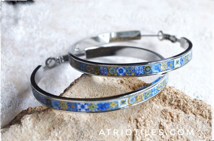 Hoops Earrings Atrio Tile Portugal Stainless Steel Azulejo - 2" Blue Gold 16 - 17th Century Tiles USA Shipping Silver Tone