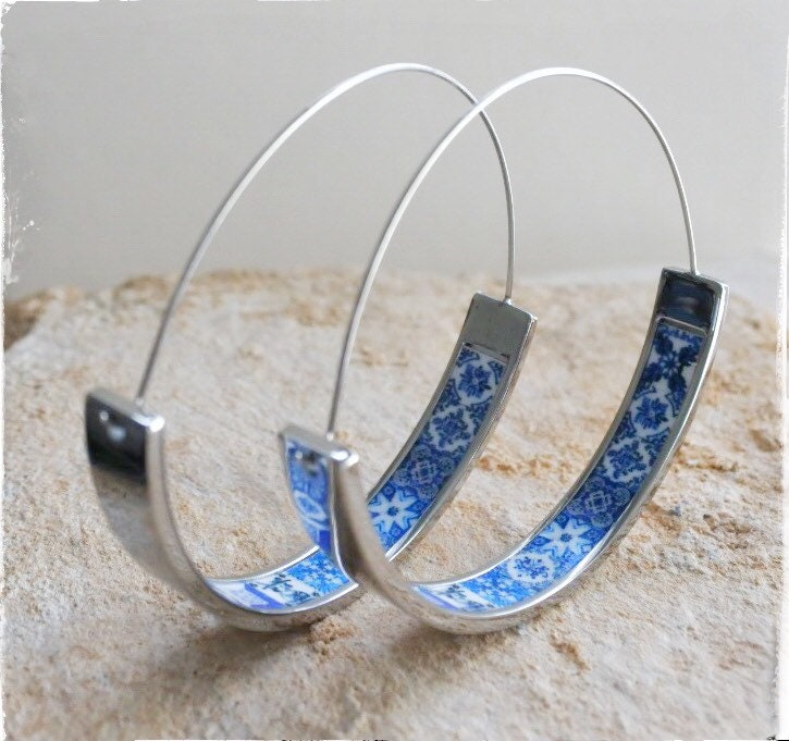 Hoops Earrings Atrio Tile Portugal Stainless Steel Azulejo - 1.75" Blue and WhiteTiles USA Shipping 4.5cm Lightweight! NEW