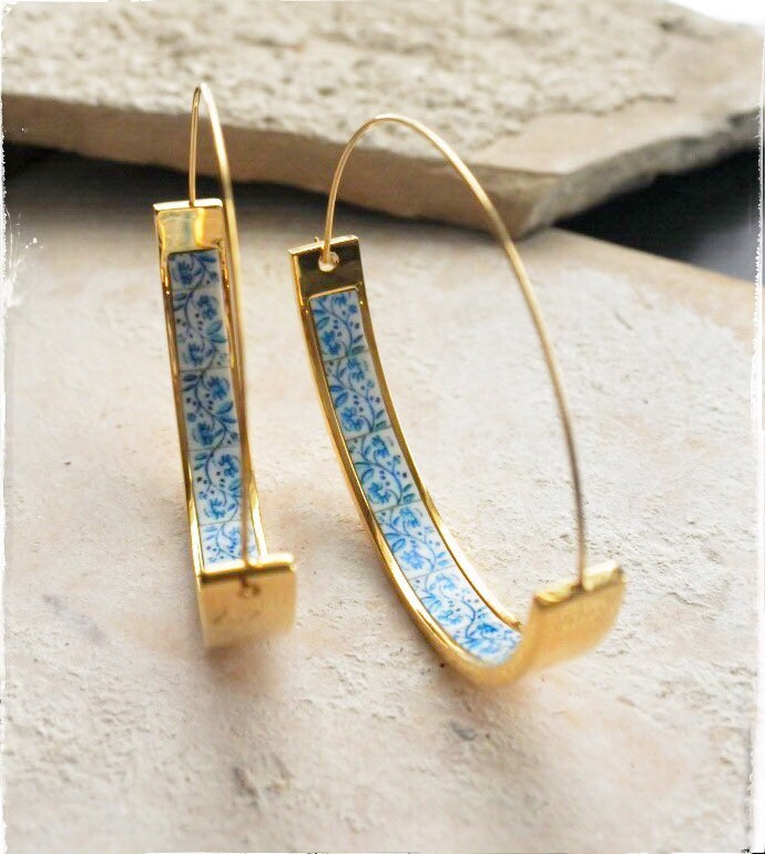 Hoop Earrings Portugal Tile Atrio Stainless Steel Azulejo Barcelos Blue Border Hypo Allergenic Gold Tone Ships from USA 1.75"