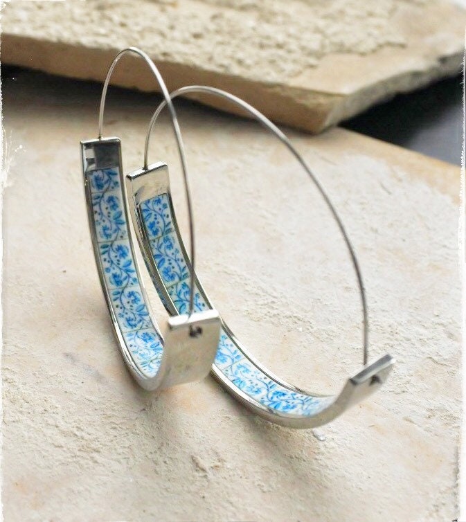 Hoop Earrings Portugal Tile Atrio Stainless Steel Azulejo Barcelos Blue Border Hypo Allergenic Ships from USA 1.75"