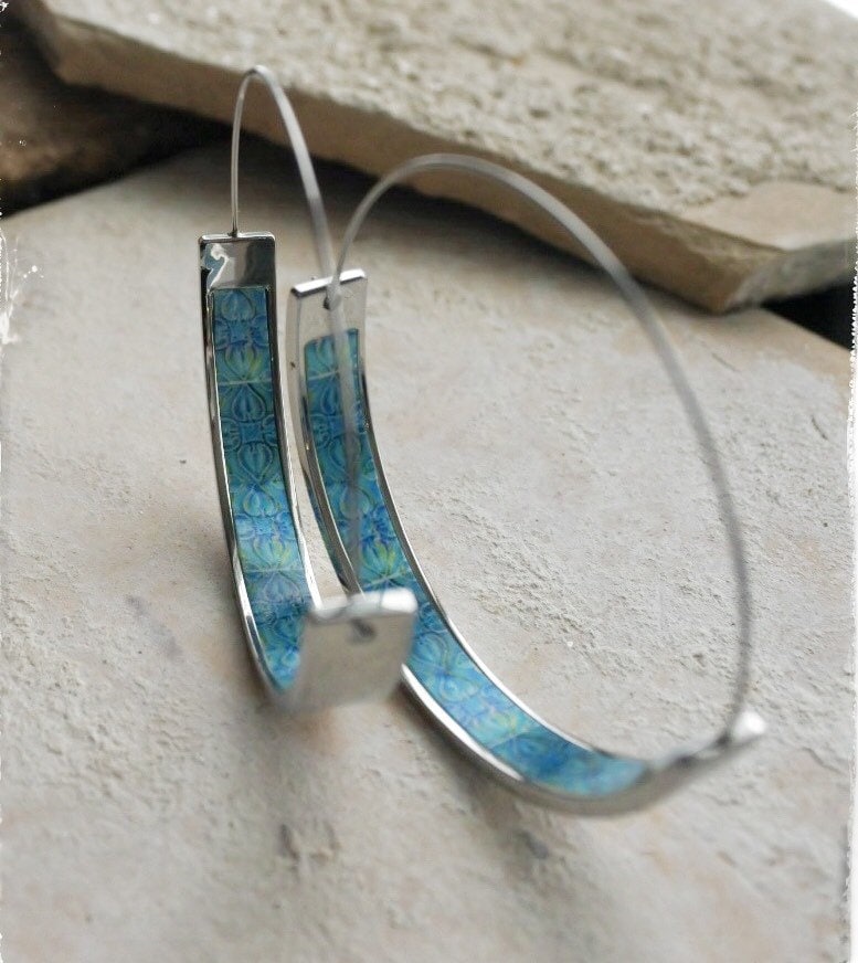 Hoop Earrings Atrio Portugal Tile Turquoise Azulejo Caldas da Rainha Persian Tiles Gift Boxed SOLID Stainless Steel Hypo Allergenic 1.75"