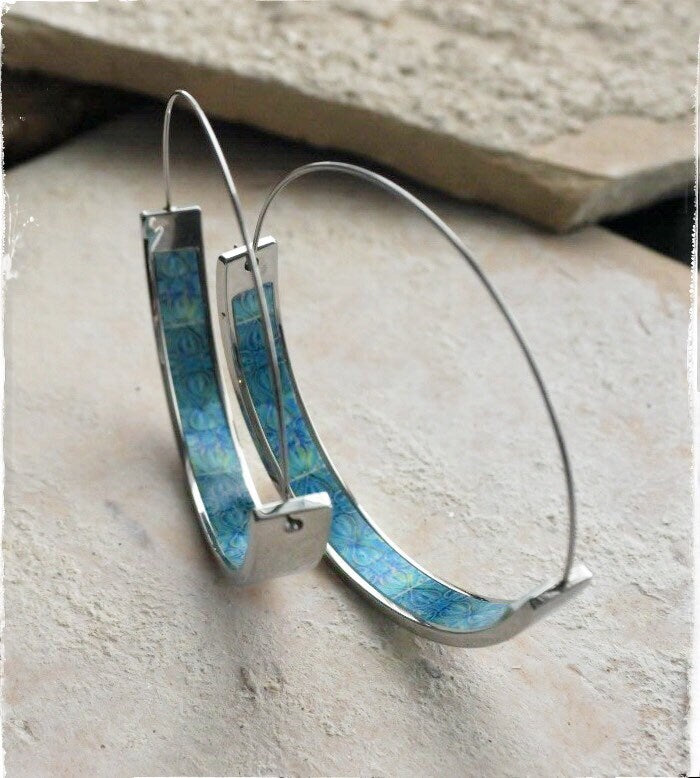 Hoop Earrings Atrio Portugal Tile Turquoise Azulejo Caldas da Rainha Persian Tiles Gift Boxed SOLID Stainless Steel Hypo Allergenic 1.75"