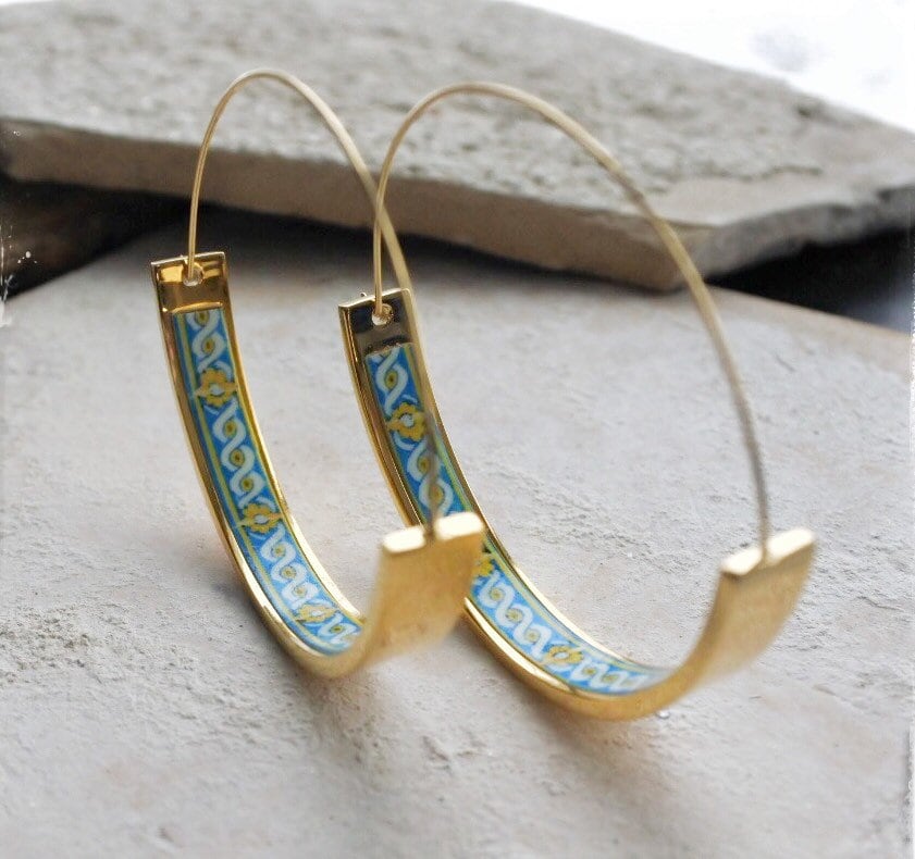 Hoop Atrio Earrings Portugal Tile Stainless Steel Pinterest Antique Azulejo 17th century Lisbon 1.75" Gift Box Included USA Shipping