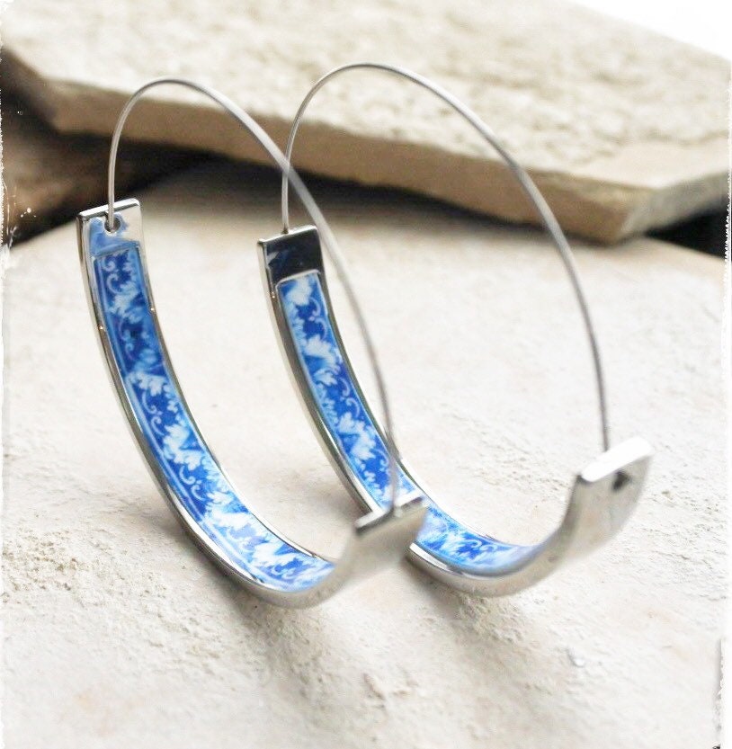 Earrings ATRIO Hoops Tile Portugal Stainless Steel Antique Azulejo - 1.75" The Palace of the Marquesses of Fronteira USA Shipping Blue