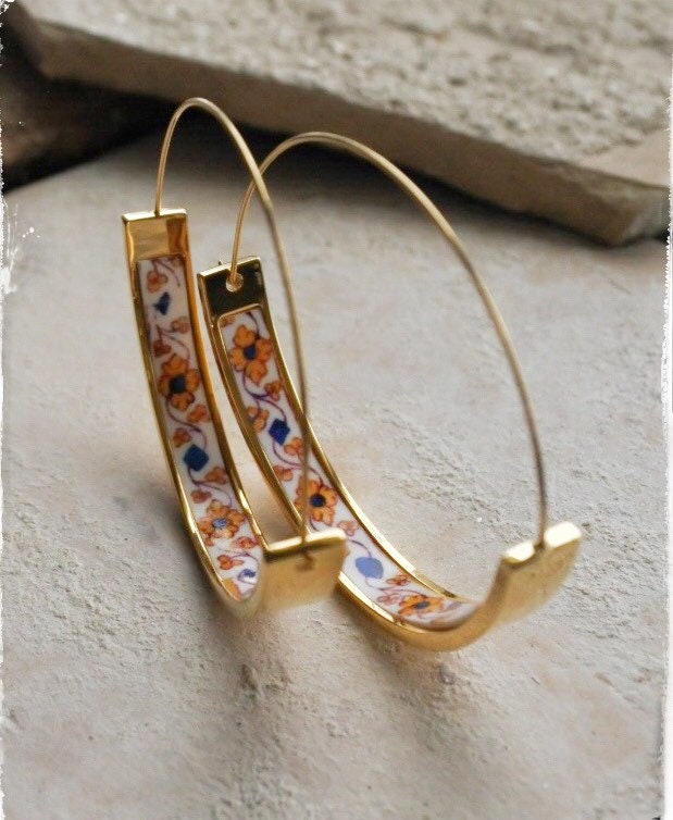 Hoops Earrings Atrio Tile Portugal Stainless Steel Azulejo 1.75" The Palace of the Marquesses of Fronteira Ships from USA