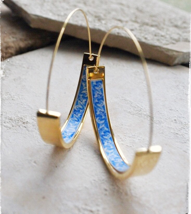 Hoop Earrings Portugal Tile Atrio Stainless Steel Azulejo 1.75" - Évora Chapel of the Bones 16th Century - USA Shipping