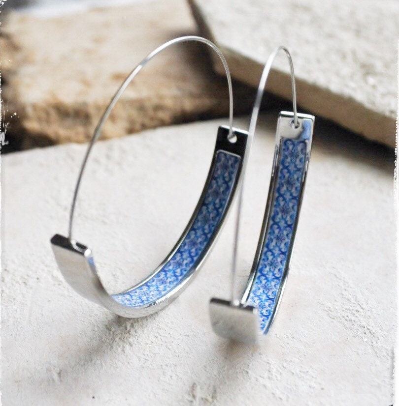 Earrings ATRIO Hoops Tile Portugal Stainless Steel Antique Azulejo - 1.75" Blue Hypoallergenic AvEIRO Santa Joana Convent 1458 Pinterest