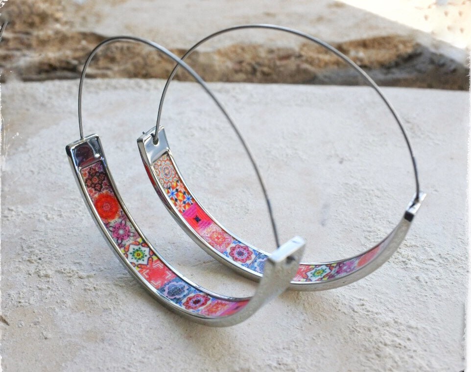 Hoops Earrings Atrio Tile Portugal Stainless Steel Azulejo - 1.75" Pink and Red Tiles USA Shipping 4.5cm Lightweight! NEW