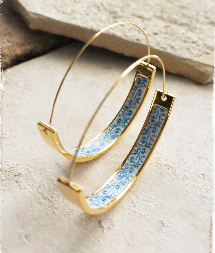Hoop Earrings Portugal Tile Atrio Stainless Steel Azulejo Barcelos Blue Border Hypo Allergenic Gold Tone Ships from USA 1.75"