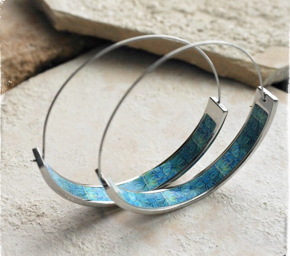 Hoop Earrings Atrio Portugal Tile Turquoise Azulejo Caldas da Rainha Persian Tiles Gift Boxed SOLID Stainless Steel Hypo Allergenic 1.75"