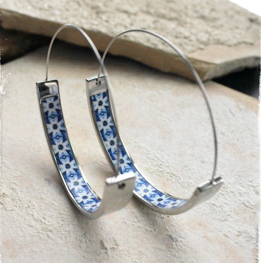 Earrings Hoops Atrio Tile Blue Portugal Azulejo Porto Lightweight Stainless Steel Ships from USA 1.75" Flat Bottom Pinterest Hypoallergenic