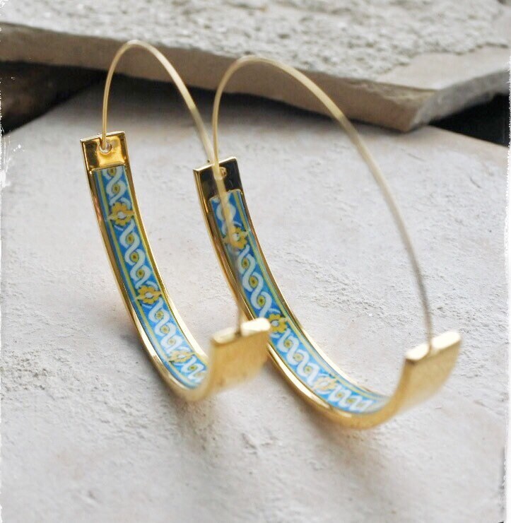 Hoop Atrio Earrings Portugal Tile Stainless Steel Pinterest Antique Azulejo 17th century Lisbon 1.75" Gift Box Included USA Shipping