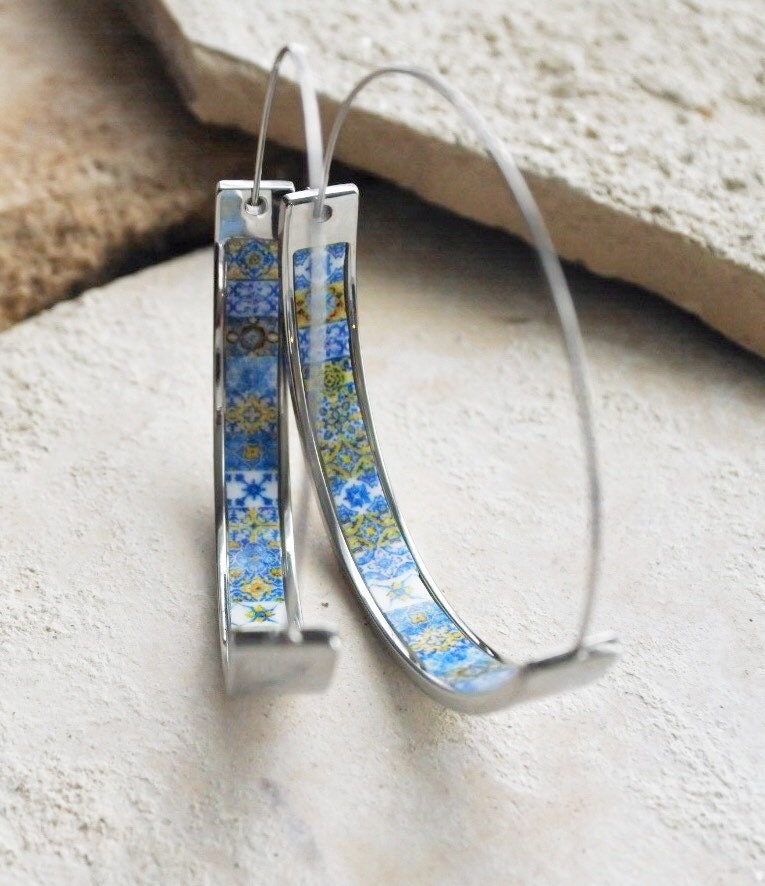 Hoops Earrings Atrio Tile Flat Bottom Portugal Stainless Steel Azulejo - 1.75" Blue Gold 16 - 17th Century Tiles USA Shipping