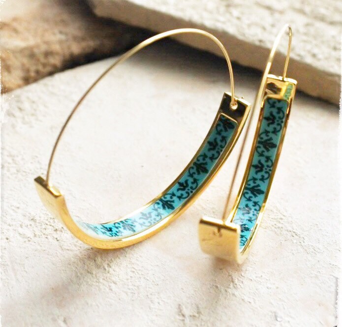 Hoops Earrings ATRIO Hoops Tile Portugal Stainless Steel Antique Azulejo - 1.75" Sea Green Border, Lisbon Ships from USA Hypo allergenic