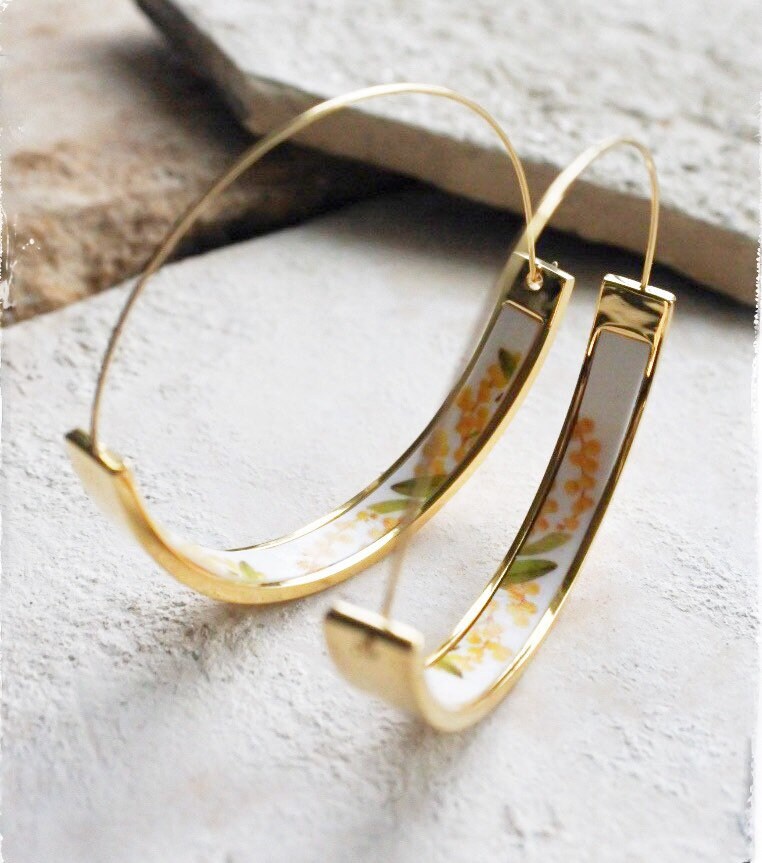 Hoops Earrings Atrio MIMOSA Yellow Flowers Portugal Stainless Steel Acacia - 1.75" Orrechini Italy Italian Ships from USA