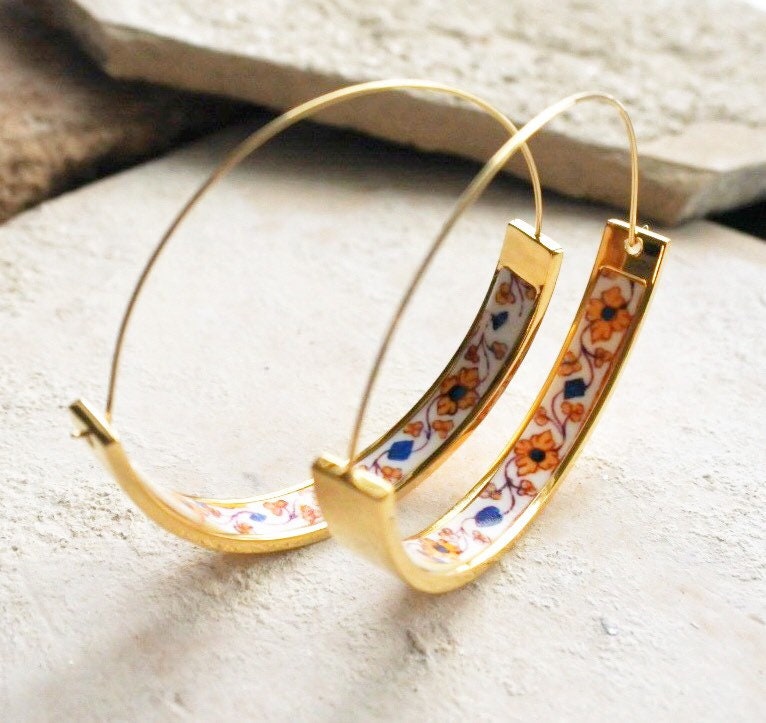 Hoops Earrings Atrio Tile Portugal Stainless Steel Azulejo 1.75" The Palace of the Marquesses of Fronteira Ships from USA