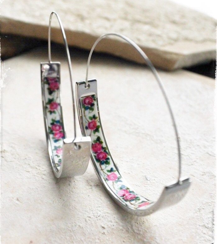 HOOPS Earrings Atrio Tile Portugal Roses Stainless Steel Antique Azulejo 1.75" Delicate Setubal Abandoned Building Ships from USA