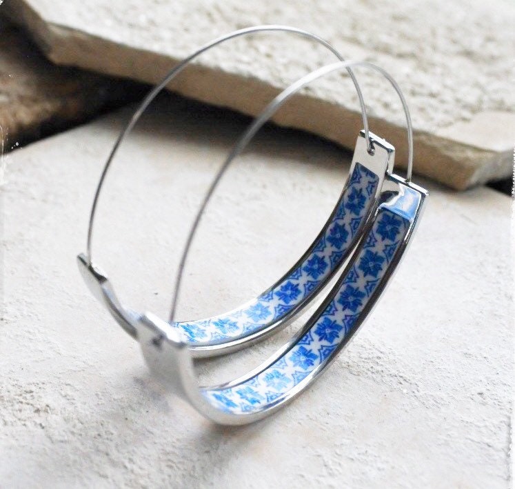 Hoops Earrings Tile Atrio Portugal Blue Azulejo Stainless Steel 1.75" Ships from USA Igreja de Sao Nicolau, 1671