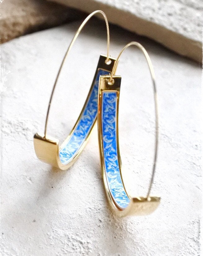 Hoop Earrings Portugal Tile Atrio Stainless Steel Azulejo 1.75" - Évora Chapel of the Bones 16th Century - USA Shipping