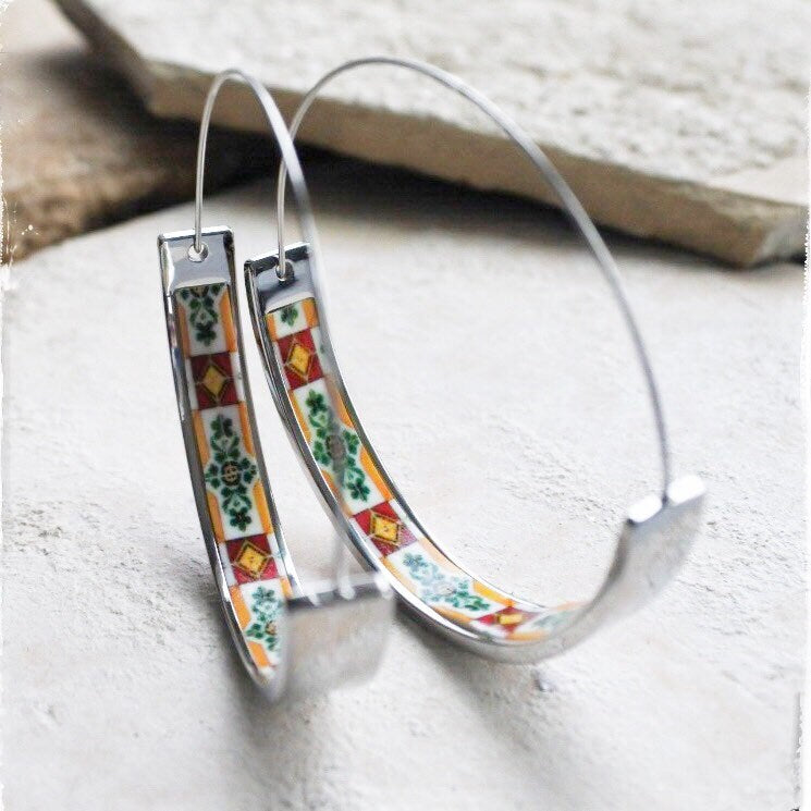 Hoops Atrio Earrings Tile Stainless Steel Hypoallergenic 1.75" Setubal Barreiro Portugal Azulejos Talavera Morocco Italian Ships from USA