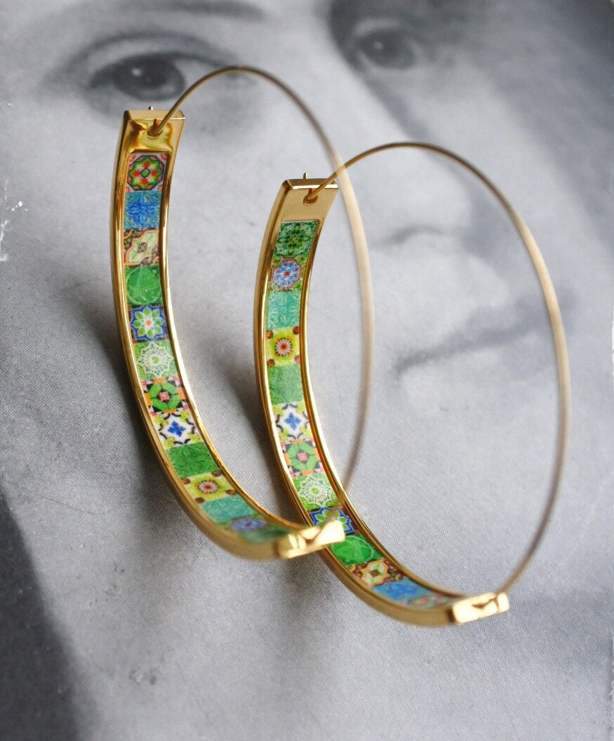 Hoops Earrings Atrio Tile Portugal Stainless Steel Azulejo - 1.75" Green Turquoise Tiles USA Shipping 4.5cm Lightweight! NEW