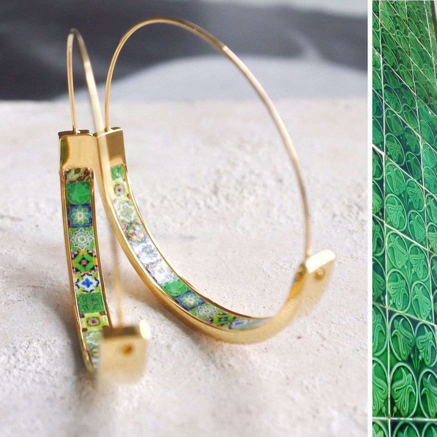 Hoops Earrings Hoop Atrio Tile Green Azulejo Portugal STAINLESS STEEL Pinterest Delicate 1.5" Ships from USA