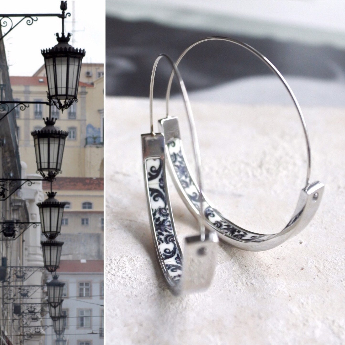 Atrio Hoops Earrings Black and White Tile Portugal Antique Azulejo STAINLESS Steel Hypoallergenic Church of Mercy 1.50”