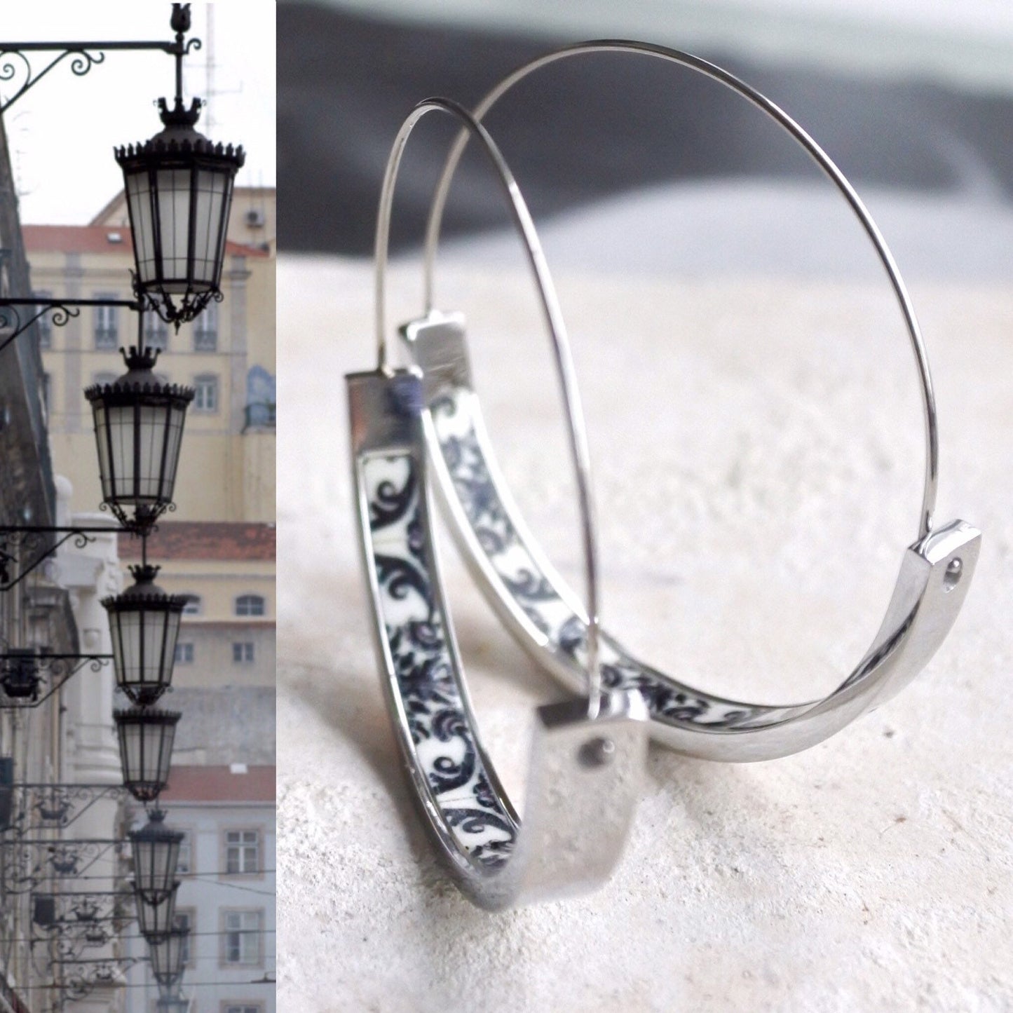 Atrio Hoops Earrings Black and White Tile Portugal Antique Azulejo STAINLESS Steel Hypoallergenic Church of Mercy 1.50”