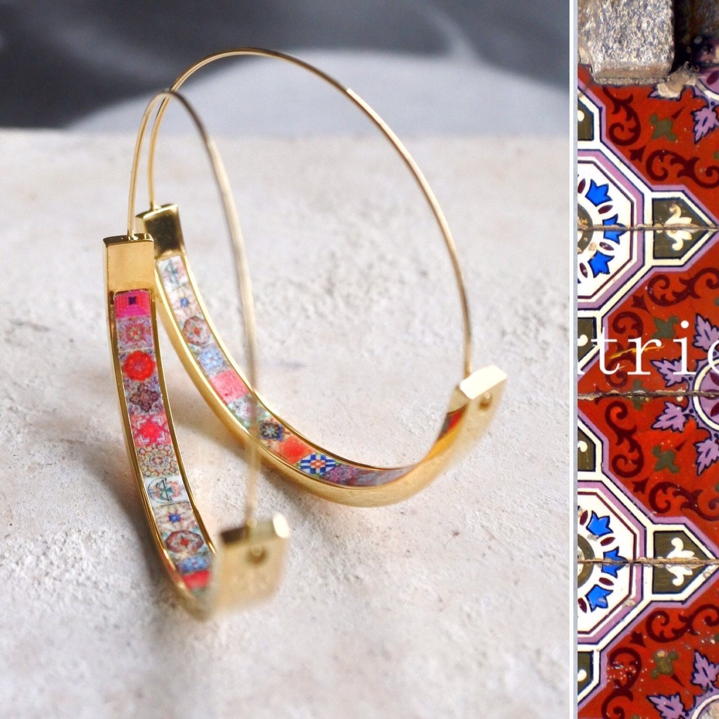 Hoops Earrings Hoop Atrio Tile Red Azulejo Portugal STAINLESS STEEL Pinterest Delicate 1.5" Ships from USA