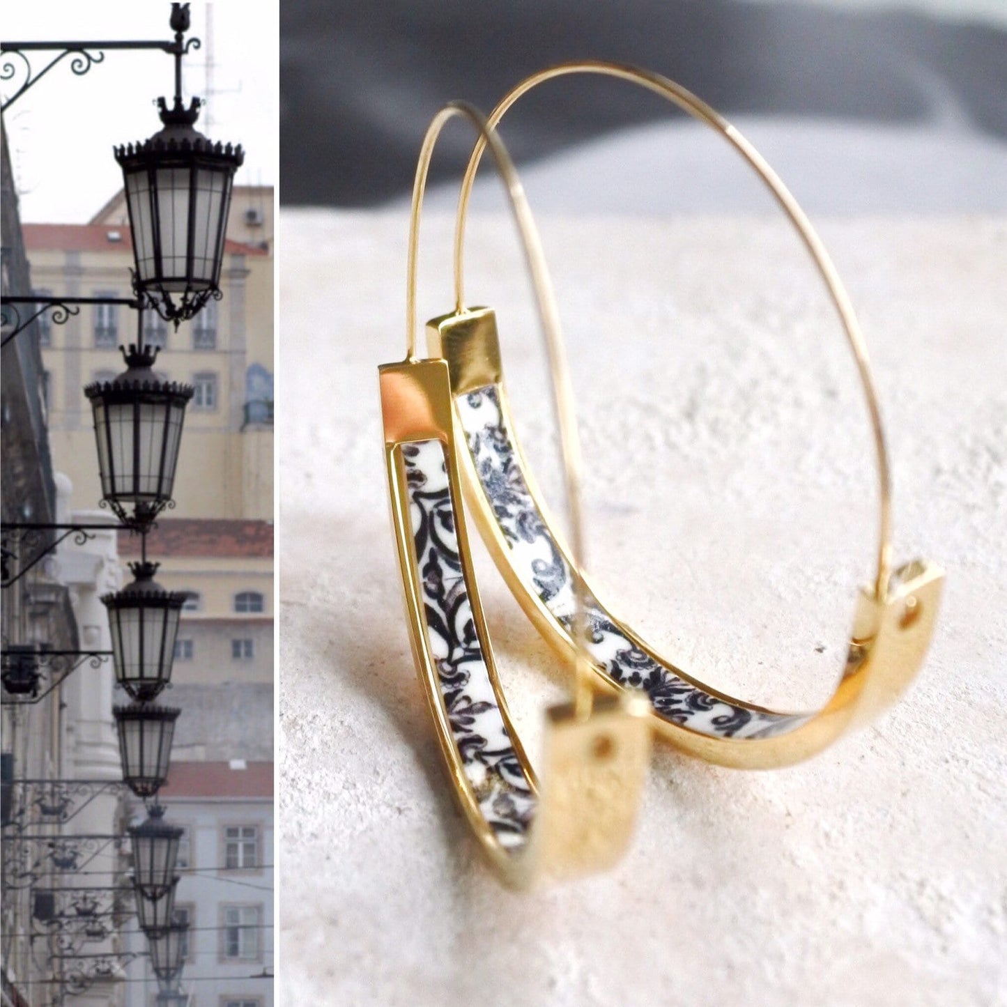 Atrio Hoops Earrings Black and White Tile Portugal Antique Azulejo STAINLESS Steel Hypoallergenic Church of Mercy 1.50” Gold Tone