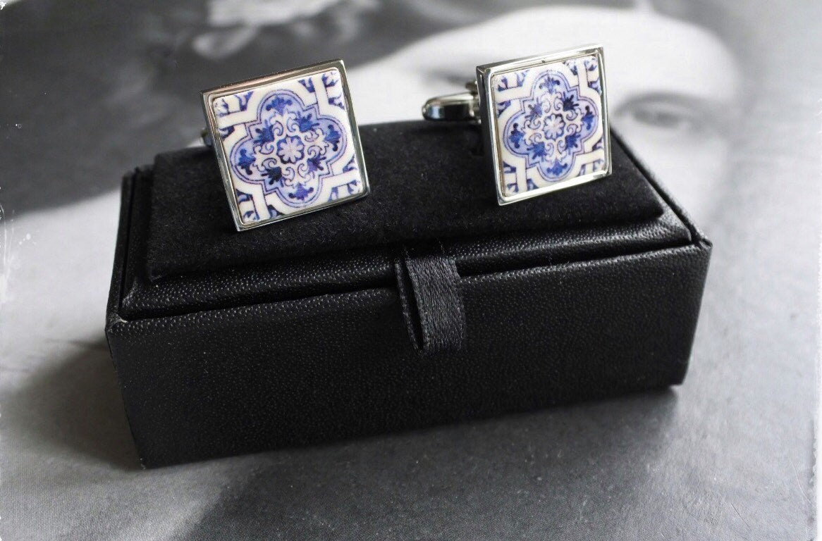 Cuff Links Men Portugal Tile Atrio Azulejo Majolica, AvEIRO Blue Gift Box Included Groom Wedding Formal wear Gold or Silver Stainless