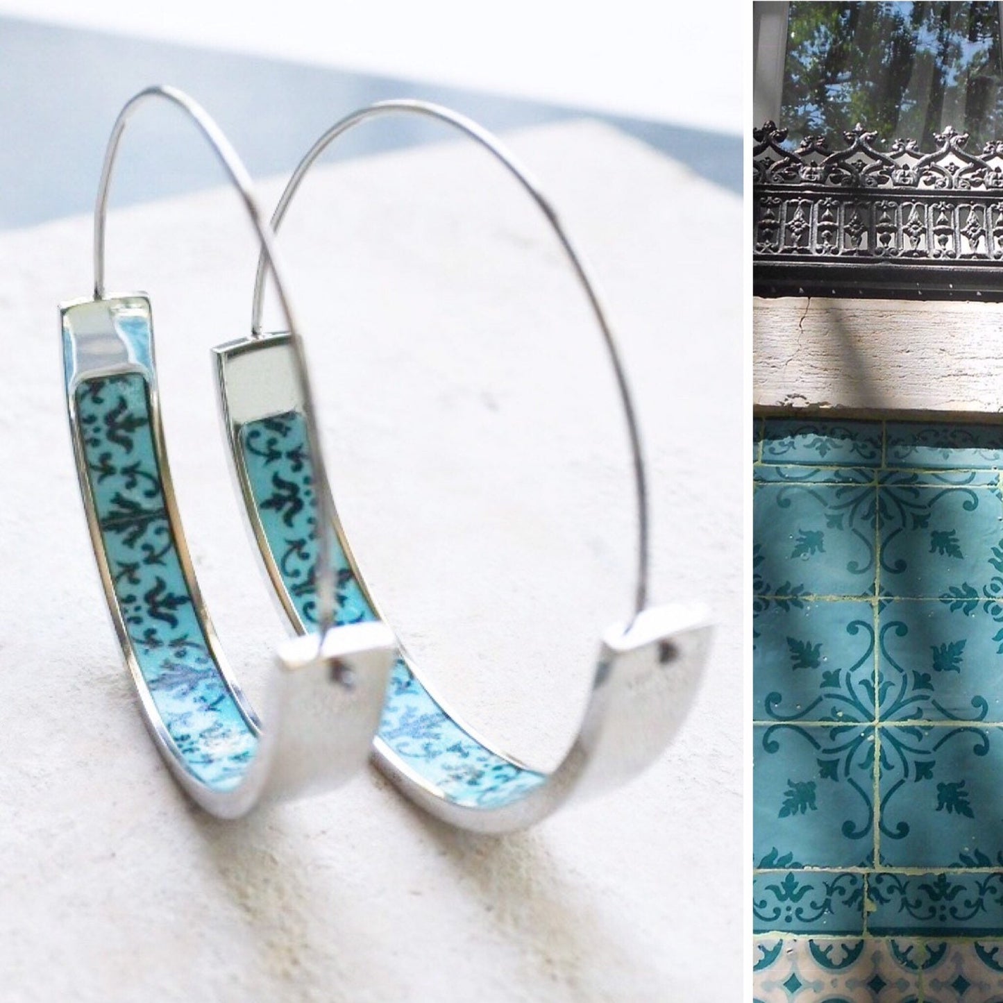 Hoops Earrings ATRIO Tile Portugal Flat Bottom Stainless Steel Antique Azulejo - 1.50" Sea Green Teal Border, Lisbon USA Shipping