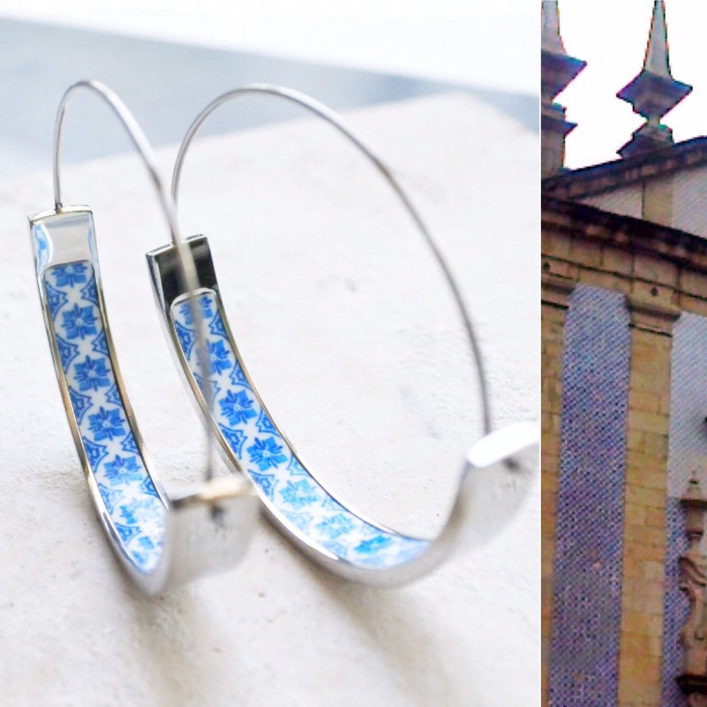 Hoops Atrio Earrings Tile Portugal Stainless Steel Flat Bottom Antique Azulejo 1.50" Blue and White Tiles Igreja de Sao Nicolau, 1671