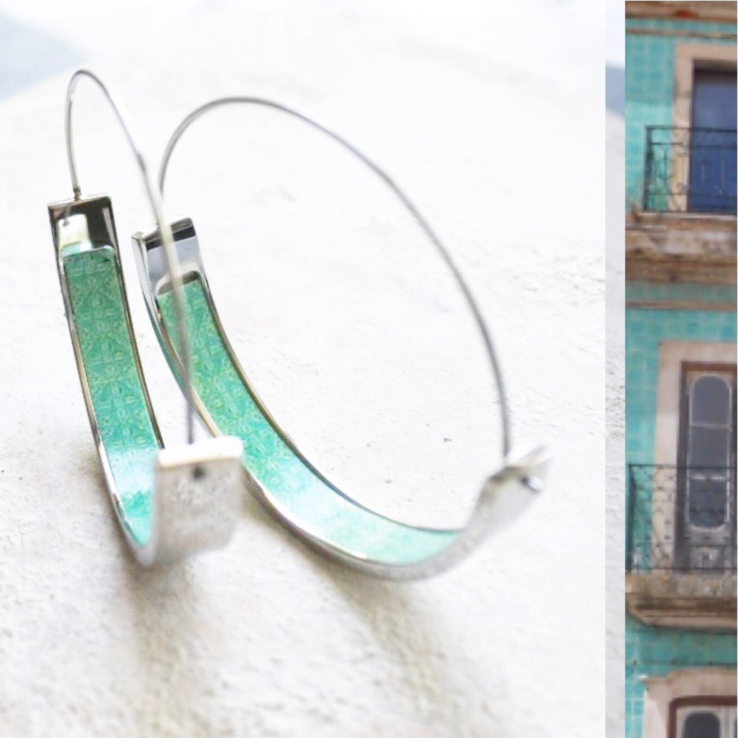 Hoop Earrings Atrio Portugal Tile Turquoise Azulejo Caldas da Rainha Persian Tiles Gift Boxed SOLID Stainless Steel Hypo Allergenic 1.5”