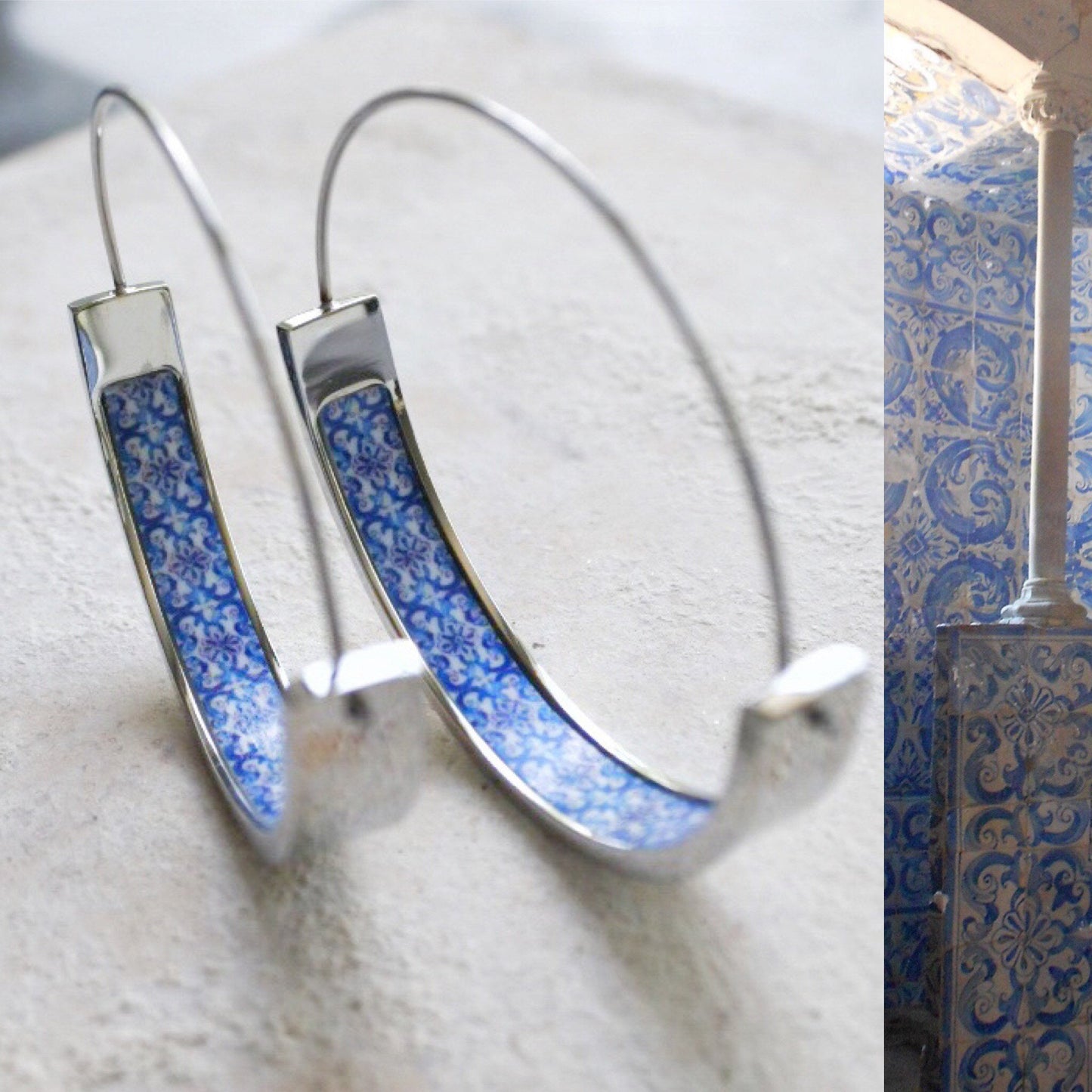 Earrings ATRIO Hoops Tile Portugal Stainless Steel Antique Azulejo - 1.50" Blue Hypoallergenic AvEIRO Santa Joana Convent 1458 Pinterest