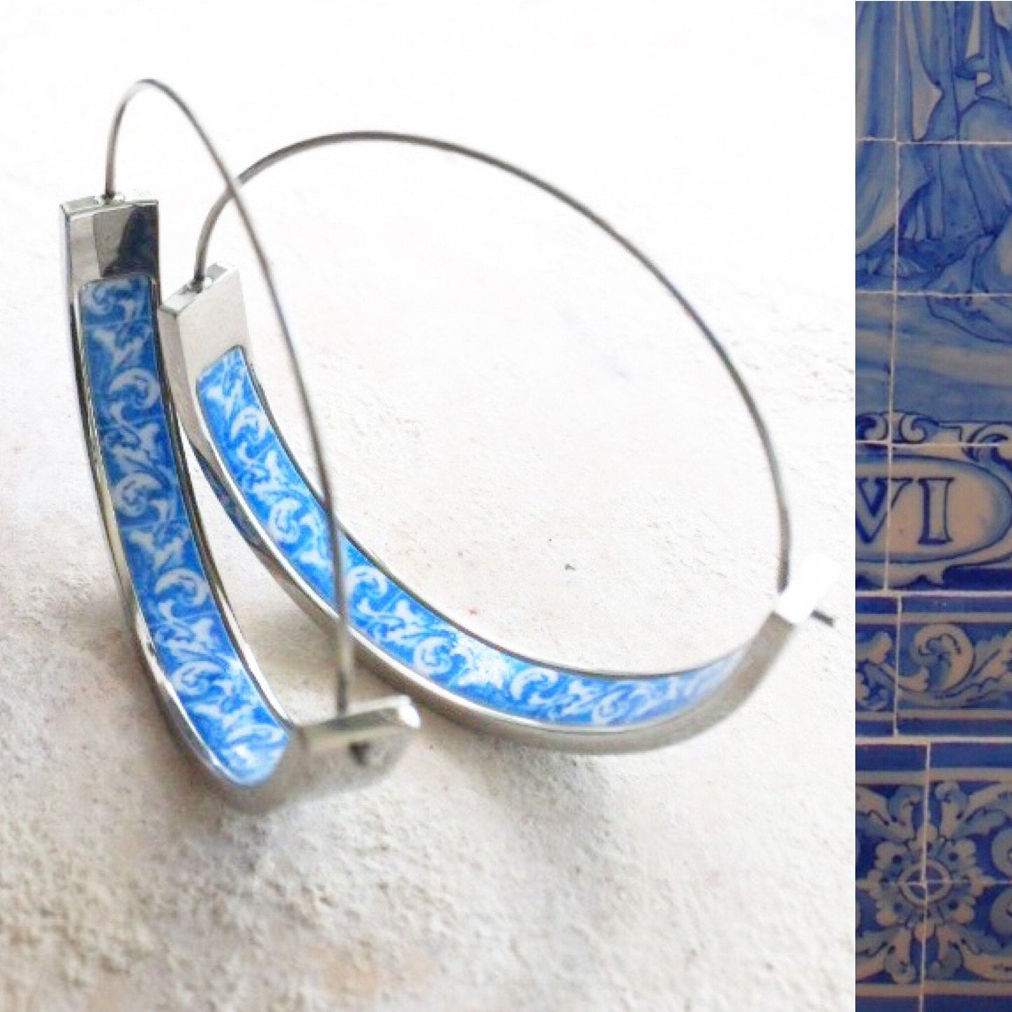 Hoop Earrings Portugal Tile Atrio Stainless Steel Azulejo 1.50" - Évora Chapel of the Bones 16th Century - USA Shipping