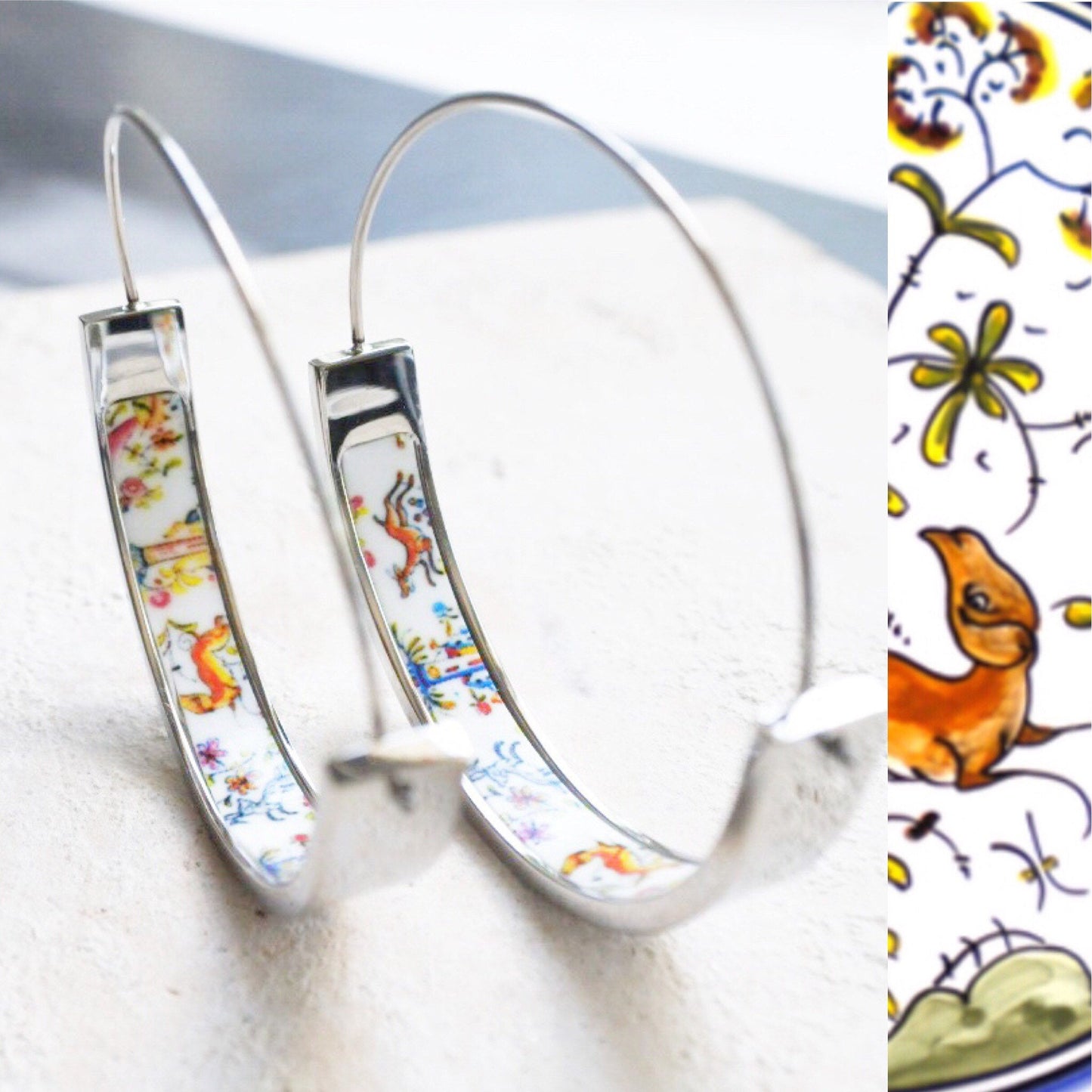 Atrio Hoop Earrings Coimbra Portugal 17th Century Pottery Ceramic DeeR Ceramicas 1.50" Stainless Steel Hypoallergenic Ships from USA