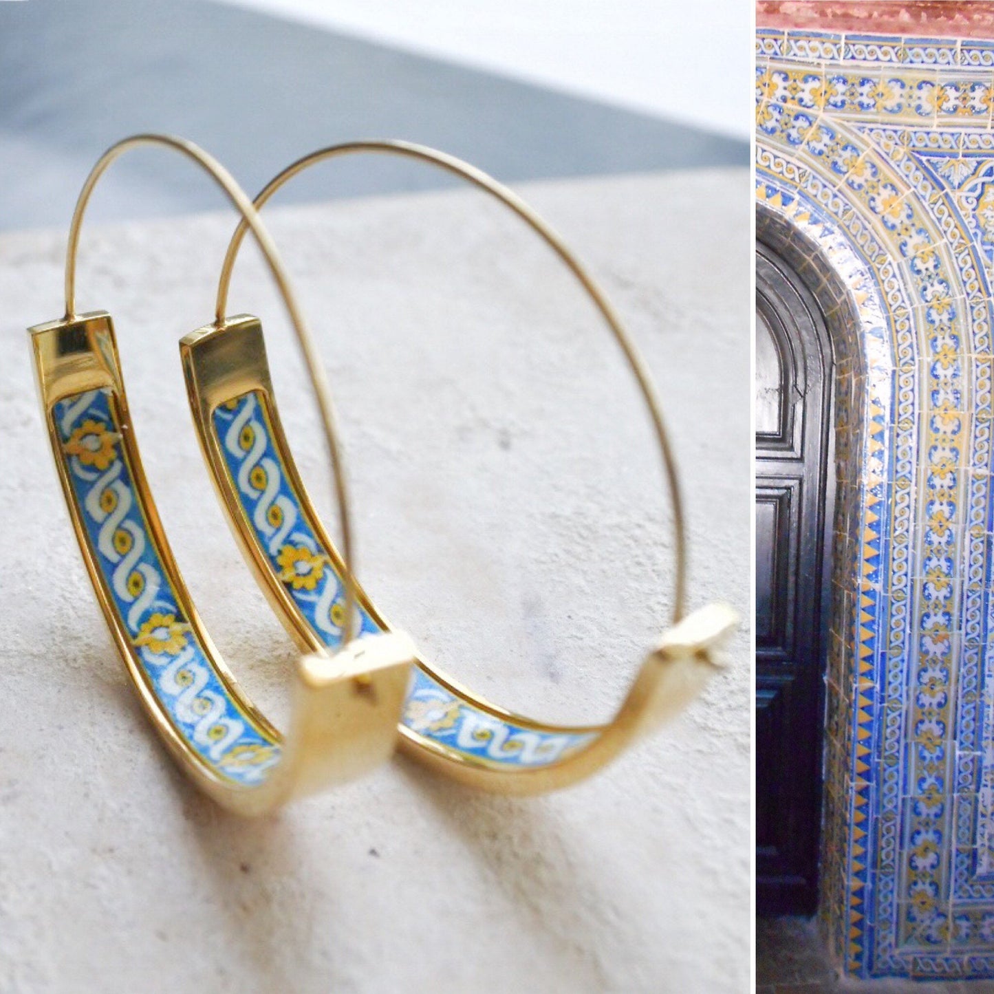Hoop Atrio Earrings Portugal Tile Stainless Steel Pinterest Antique Azulejo 17th century Lisbon 1.50" Gift Box Included USA Shipping